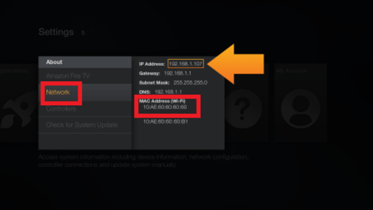 Network screen showing MAC Address on FireStick 2014-2016 interface