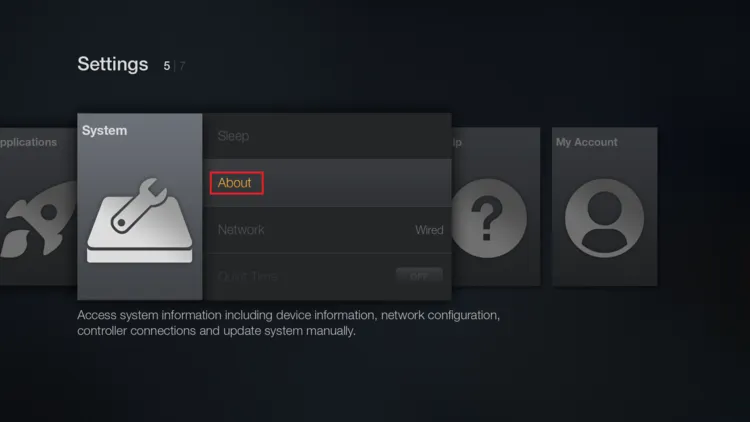 About option on FireStick 2014-2016 interface
