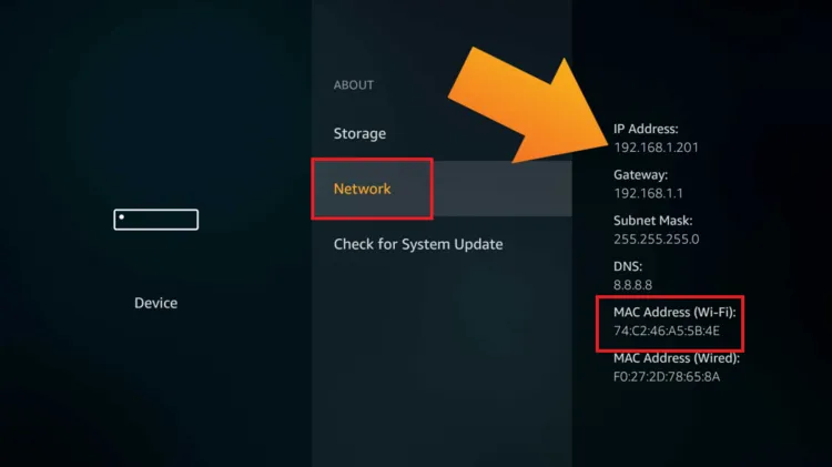 Network screen showing MAC Address on FireStick 2016-2020 interface